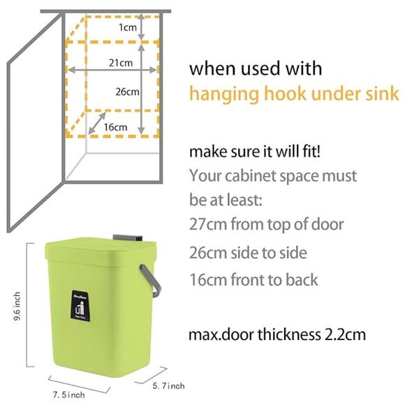 Compost Bin Bucket for Kitchen, Hanging Small Trash Can with Lid- Green - Picture 5 of 5
